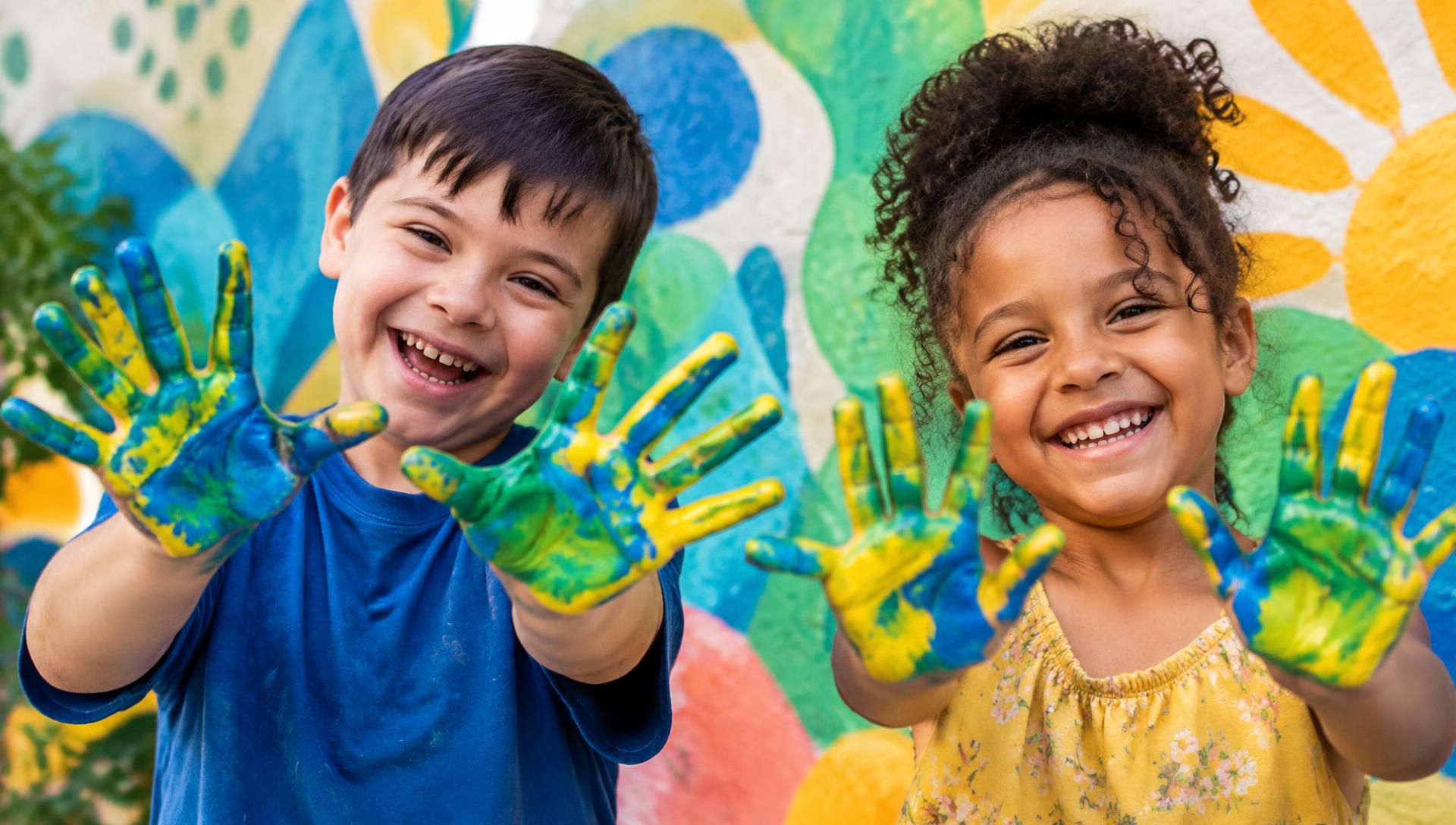 Duas crianças sorrindo e mostrando as mãos pintadas nas cores azul, verde e amarelo
