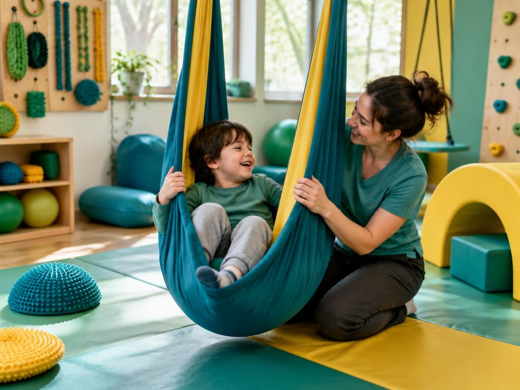 Criança em atividade de integração sensorial com balanço terapêutico