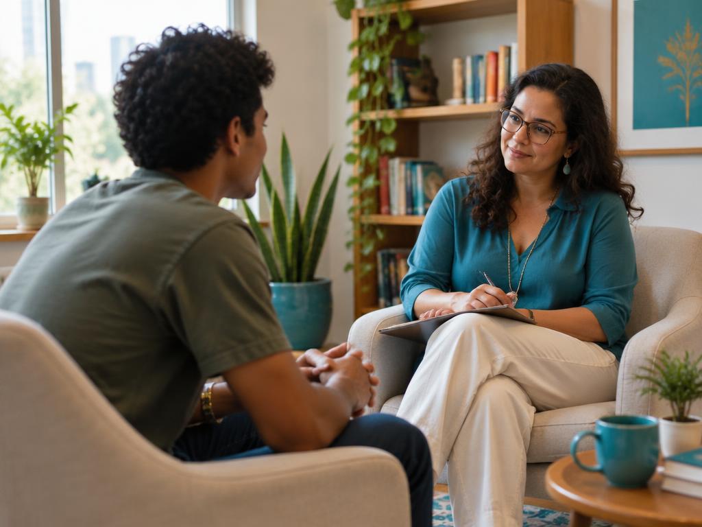 Jovem adulto em atendimento psicológico acolhedor